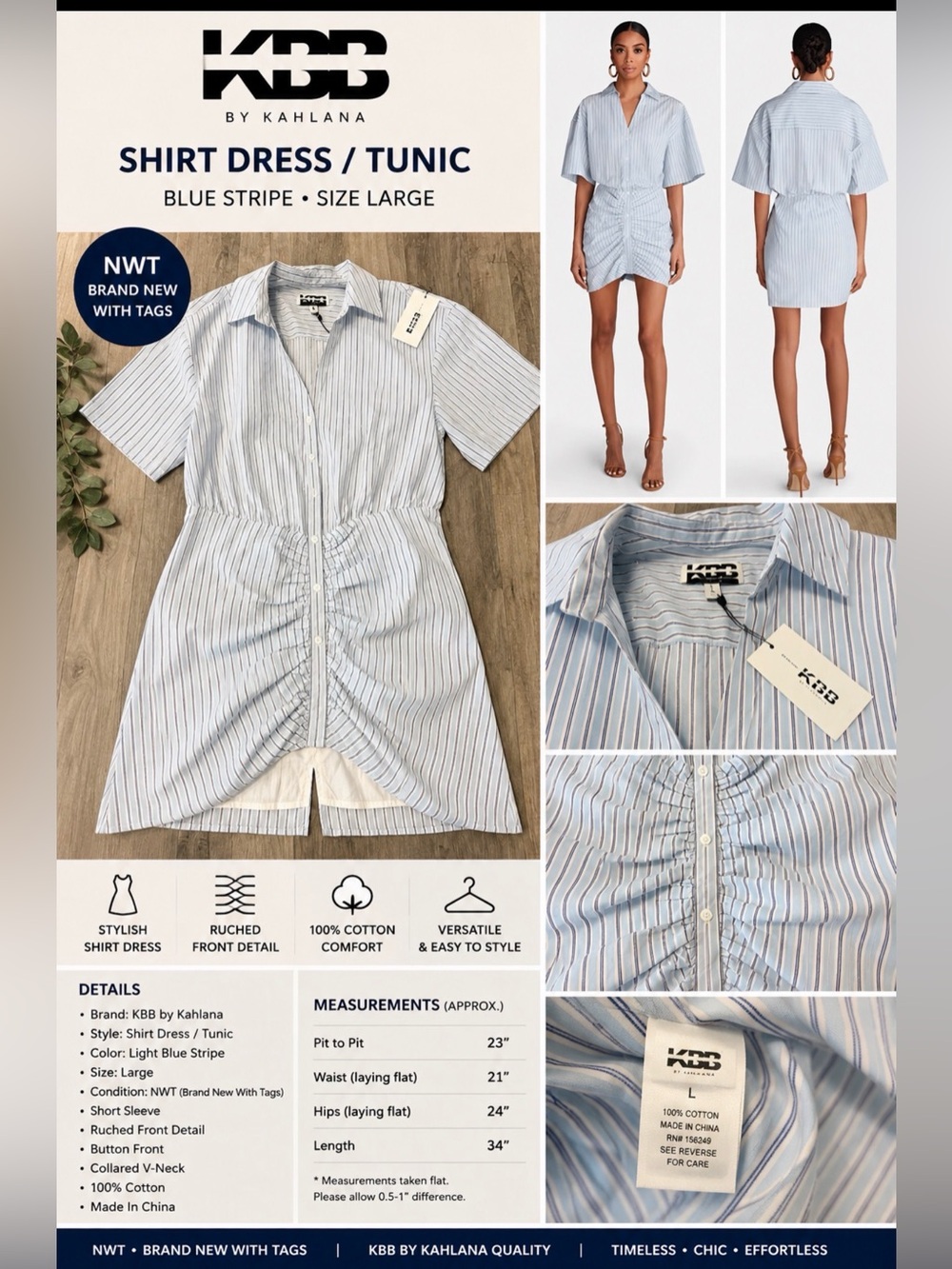 KBB by Kahlana Blue Striped Ruched Shirt Dress / Tunic – Size Large – NWT